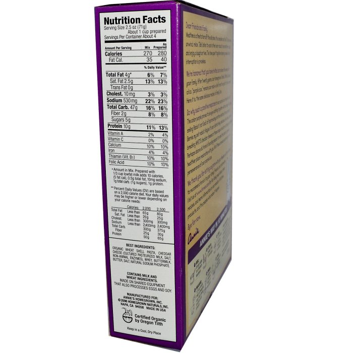 Annie's macaroni and cheese nutrition facts